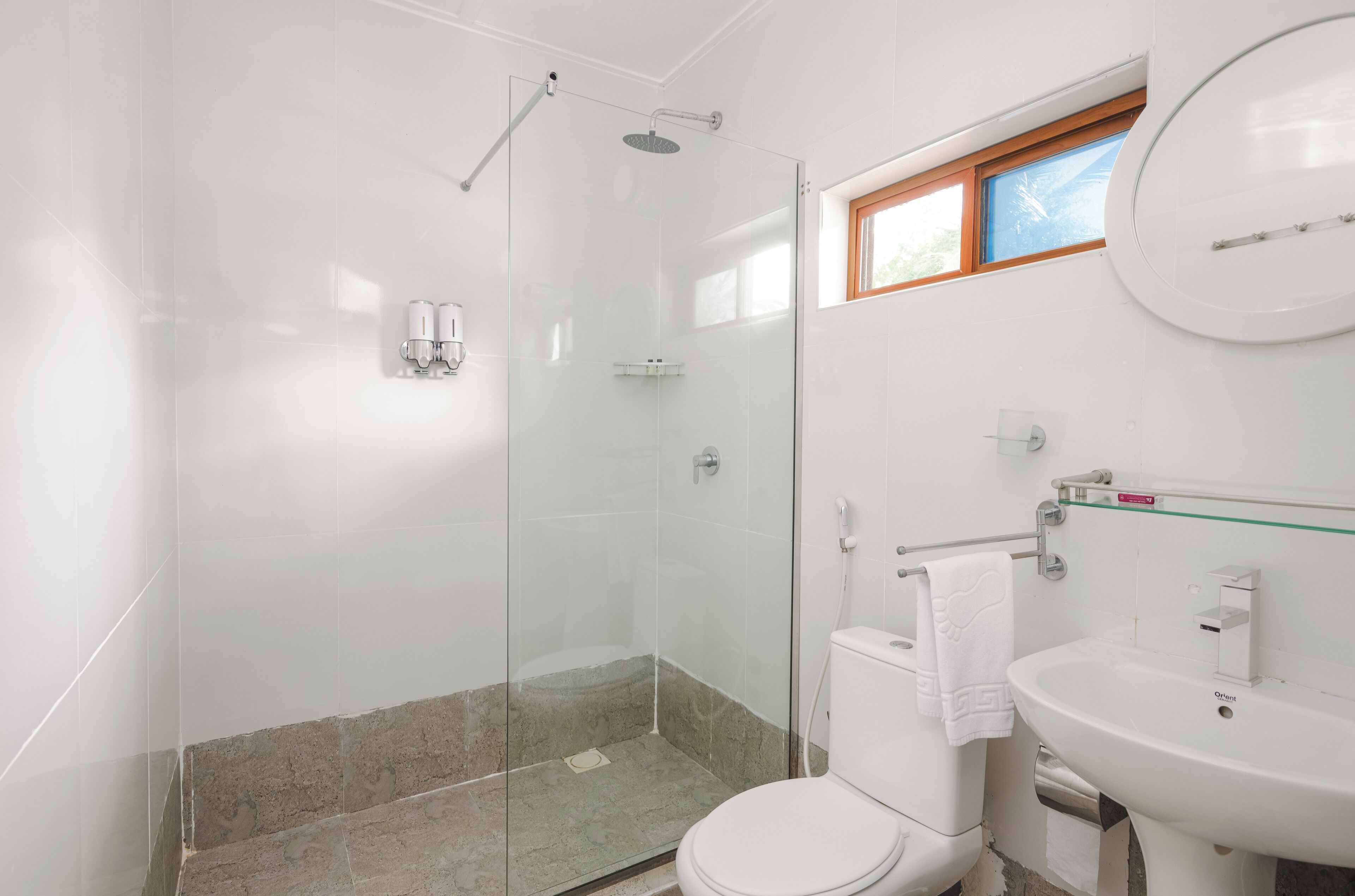 A modern bathroom with a glass-enclosed shower, a toilet, and a sink.