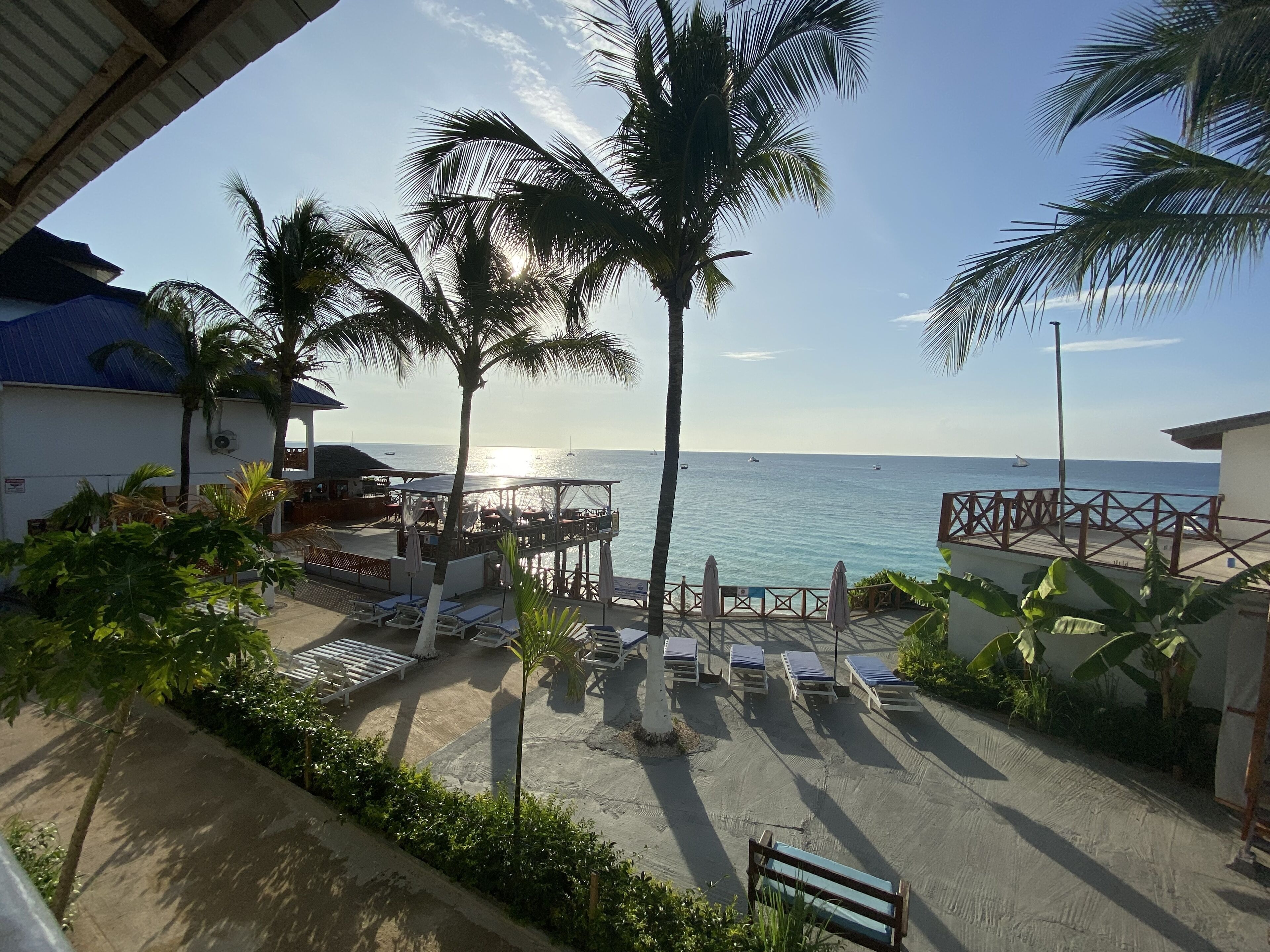 A beachside view with a lounge area, palm trees, and a view of the sea.