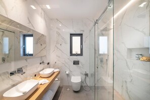 Combined shower/tub, hair dryer, towels, shampoo