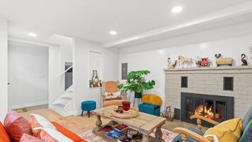 TV connectée, cheminée, jeux vidéo, livres