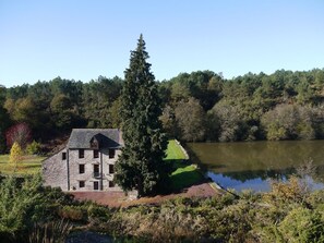 Guests can enjoy a tranquil lakeside setting surrounded by lush greenery and a calm lake.