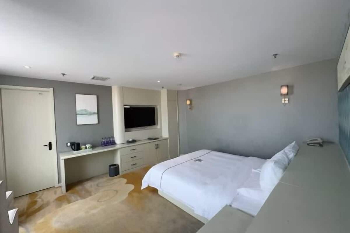 A bedroom with a bed, a TV, a desk, and a door.