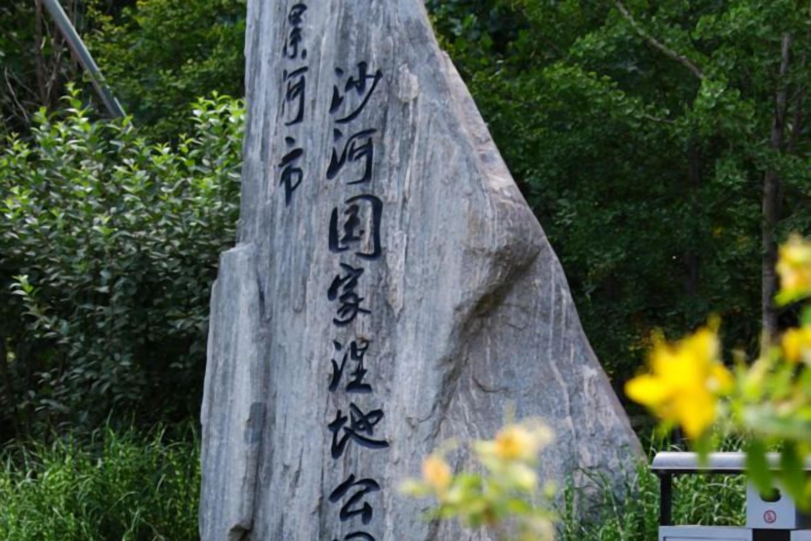 A stone monument with inscriptions, surrounded by greenery.