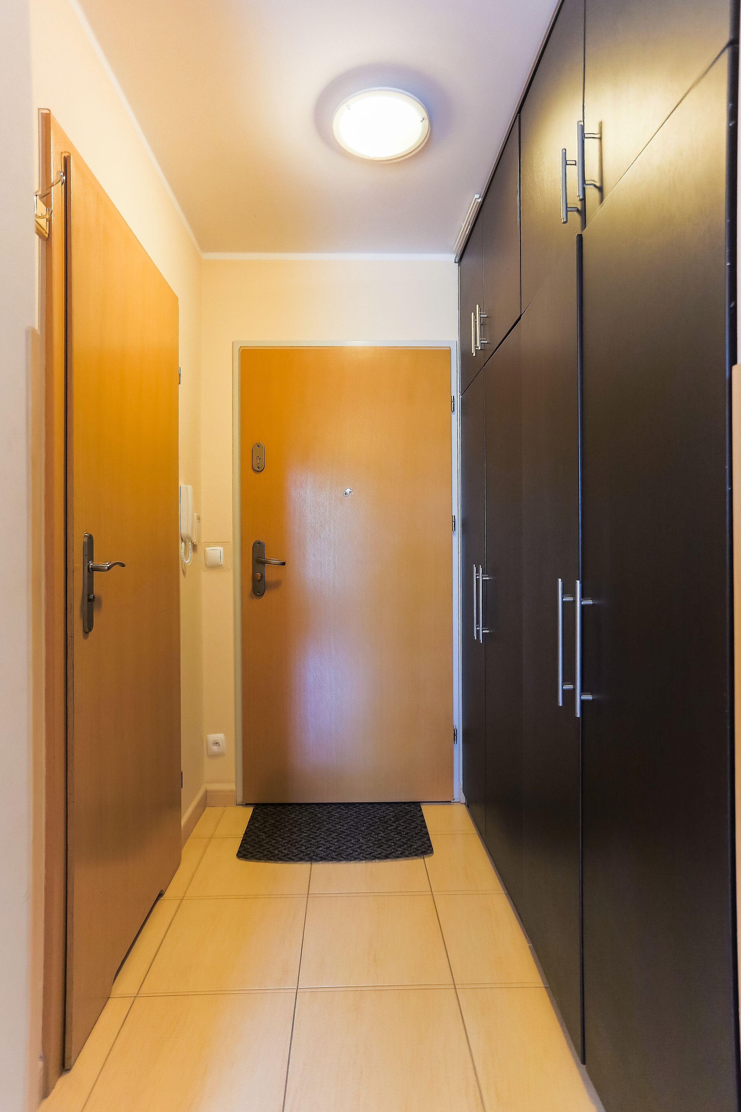 Un couloir avec des portes en bois, un paillasson noir et un luminaire au plafond.