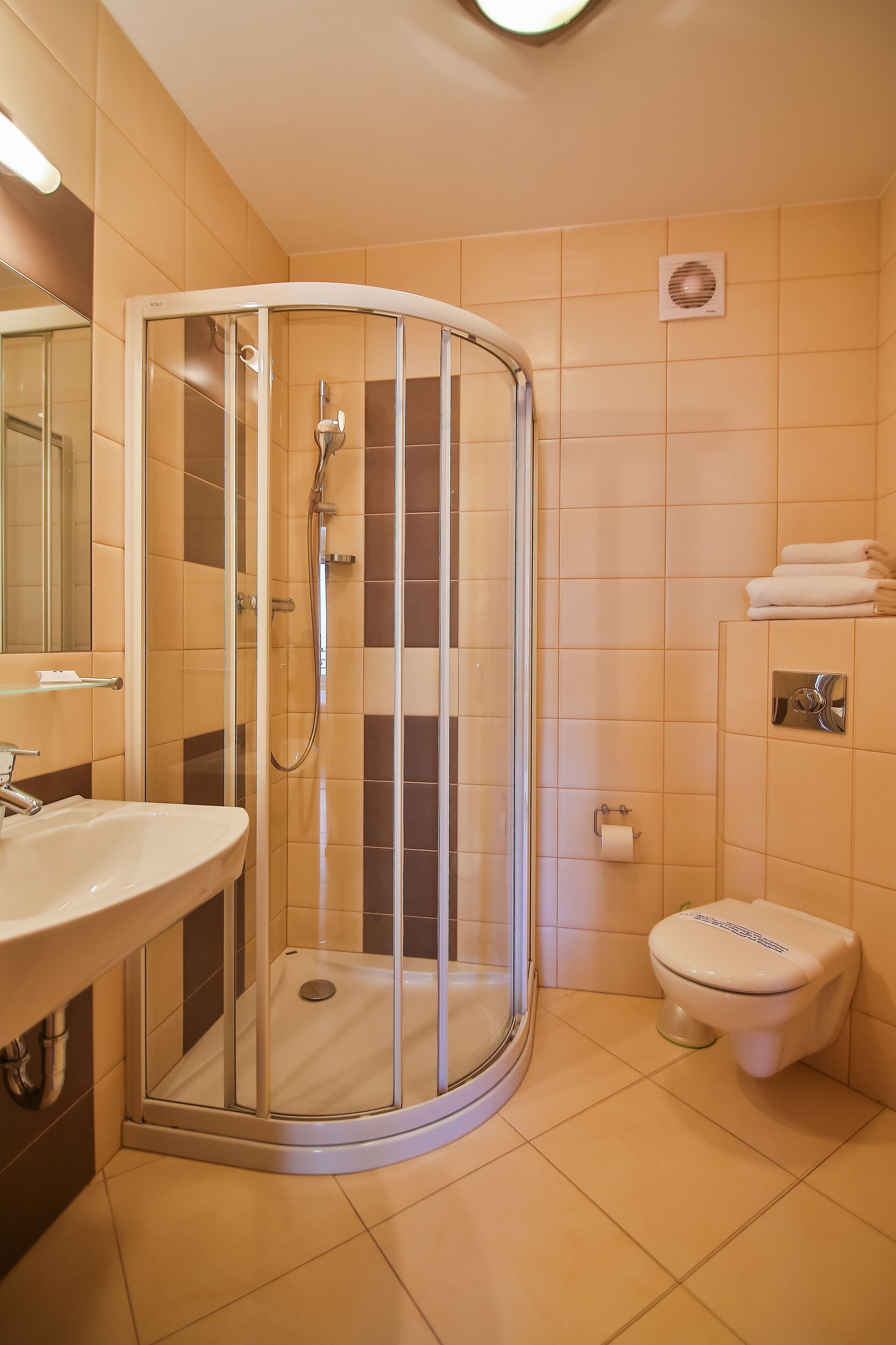 A modern bathroom with a glass-enclosed shower, a sink, and a toilet.