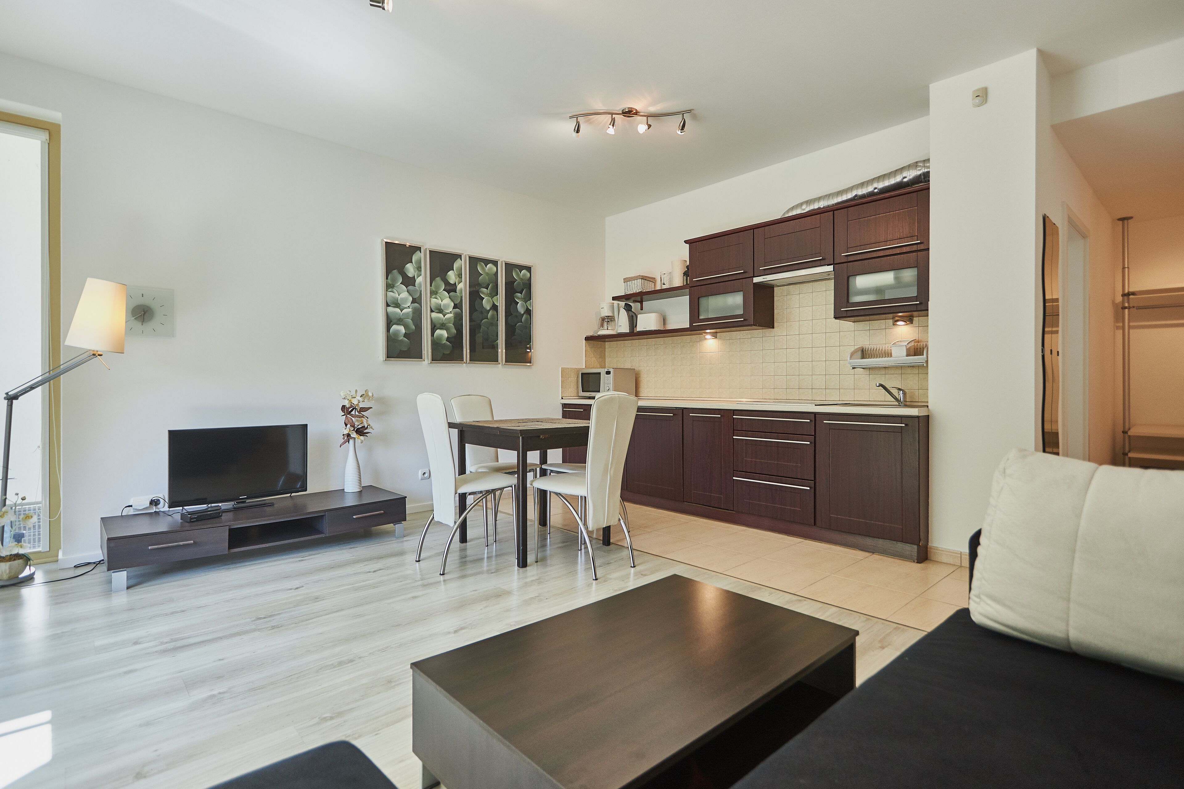 A modern living room with a flat-screen TV, a dining table with chairs, a sofa, and a kitchen area with dark wooden cabinets and a tiled backsplash.