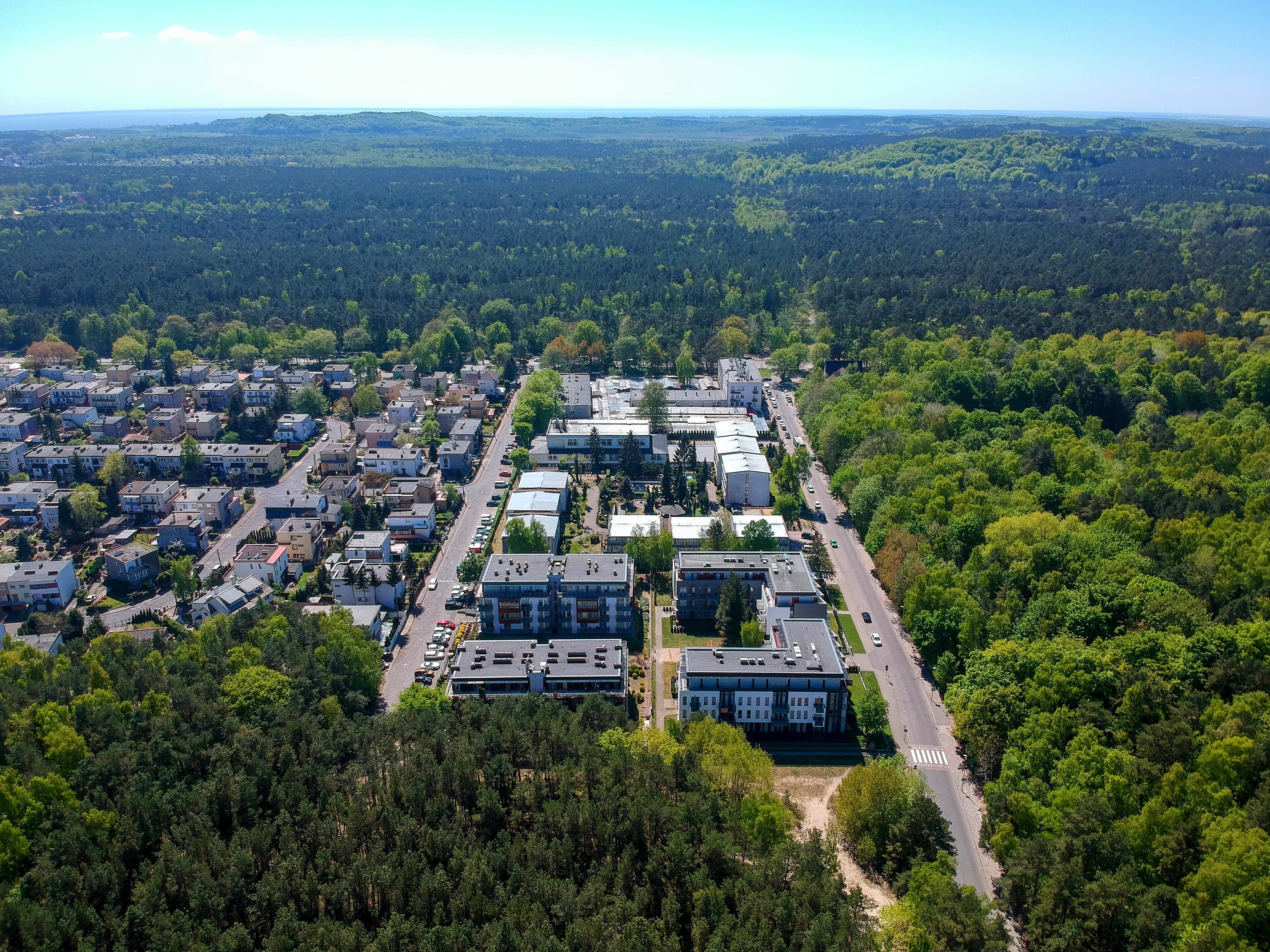 Luchtbeeld van een woongebied met huizen, wegen en een dicht bos op de achtergrond.
