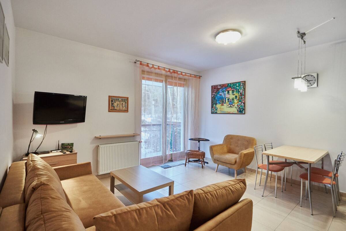 A living room with a sofa, coffee table, TV, and a dining area with chairs and a table.