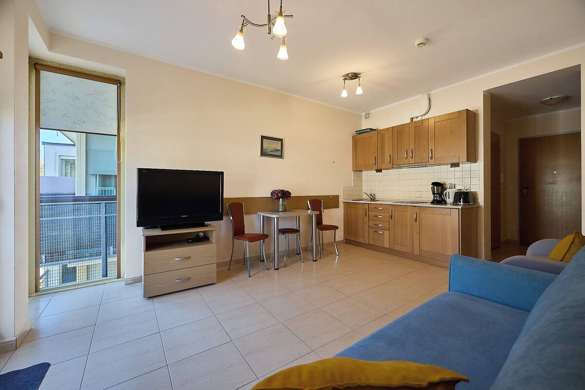 A living room with a TV, a sofa, a dining table with chairs, a kitchen area, and a balcony with a view.