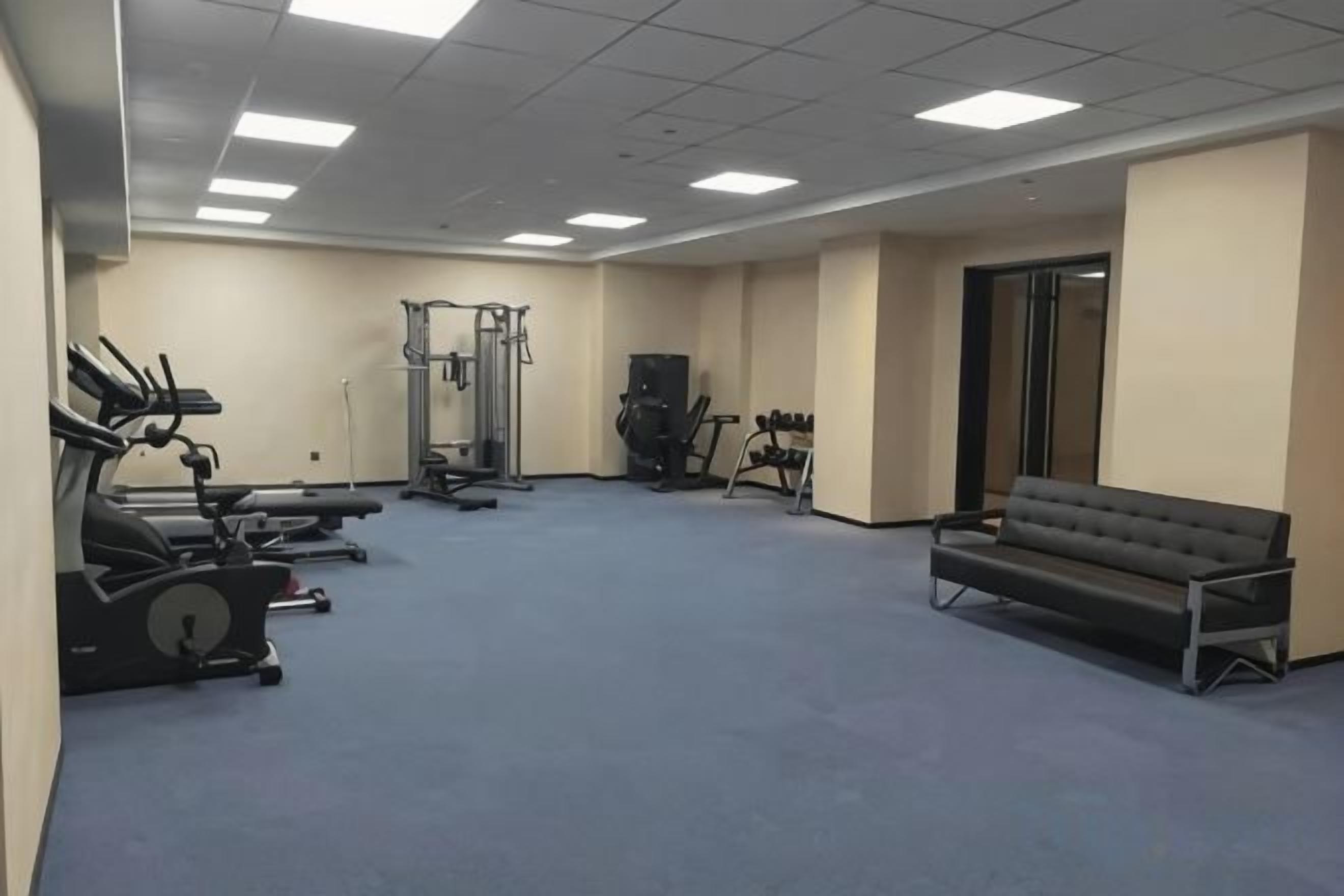 Un gimnasio con equipamiento cardiovascular, máquinas de pesas y una banca.
