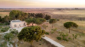 A rural property with a single-story building, surrounded by trees and open fields. - Once Upon a Time in Masseria Sitamara (Lecce)