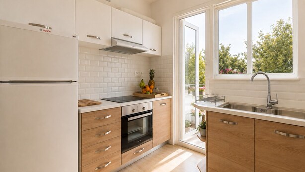 A modern kitchen with white cabinetry, a stainless steel range hood, and a large window providing a view of the outdoors. - Adelos Maisonette Near Vouliagmeni Beach (Vari-Voula-Vouliagmeni)