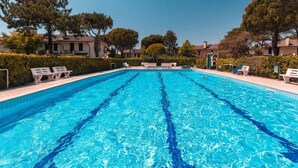En klar, blå swimmingpool med liggestole og en hæk.
