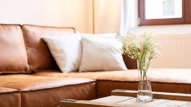 En brun lædersofa med hvide puder, en klar glasvase med hvide blomster på et træbord, og et vindue med udsigt til en bygning.