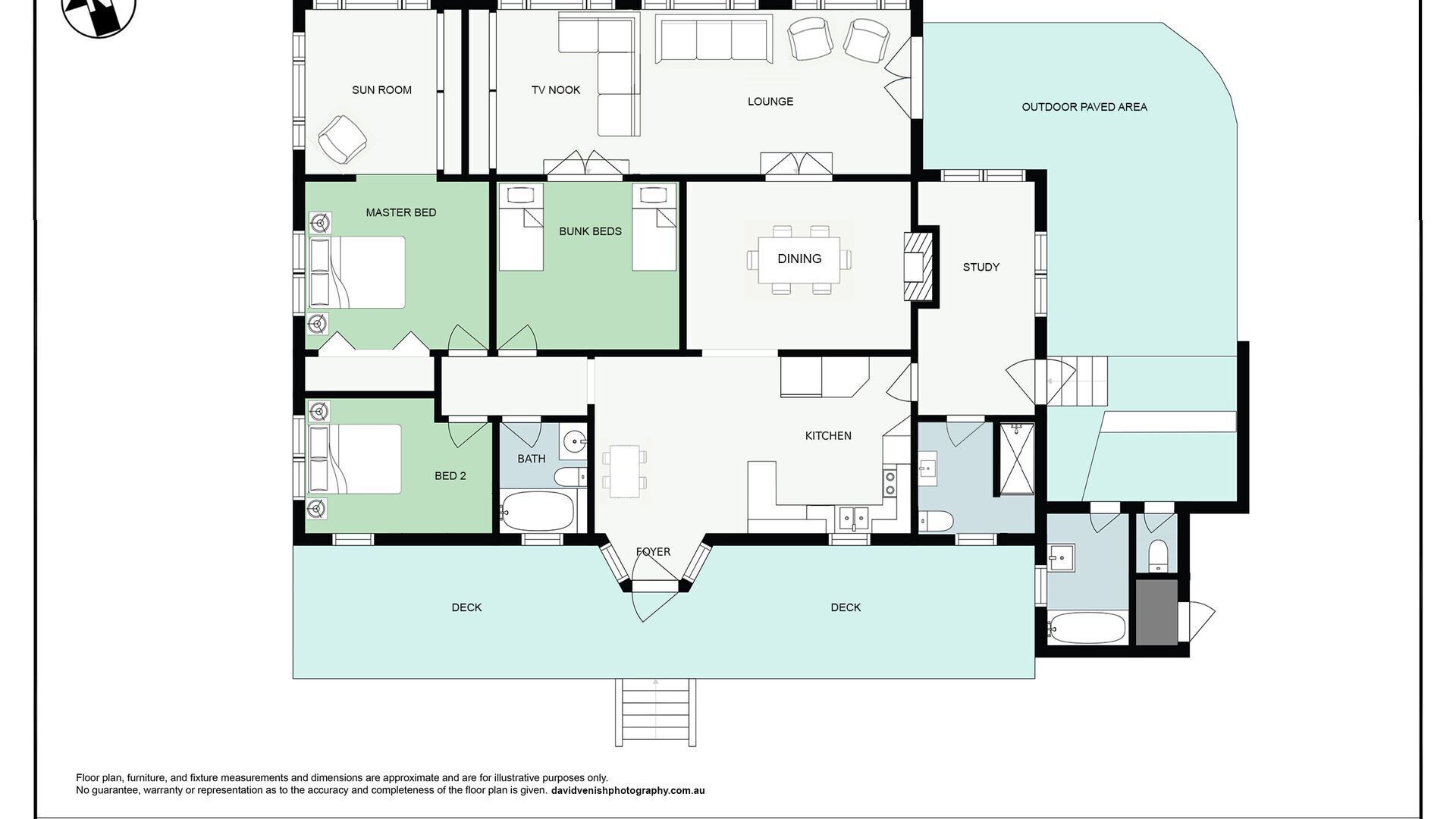 A floor plan of a hotel with a sun room, TV nook, lounge, outdoor paved area, master bed, bunk beds, dining area, study, kitchen, two bedrooms, a bath, foyers, and decks.