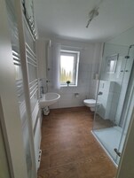 Shower, hair dryer, towels, toilet paper