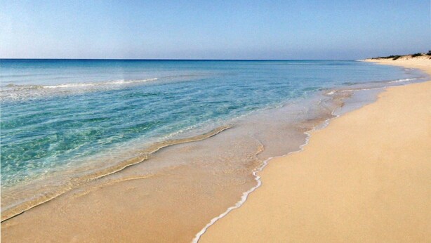 Una spiaggia con acque cristalline e una costa sabbiosa.