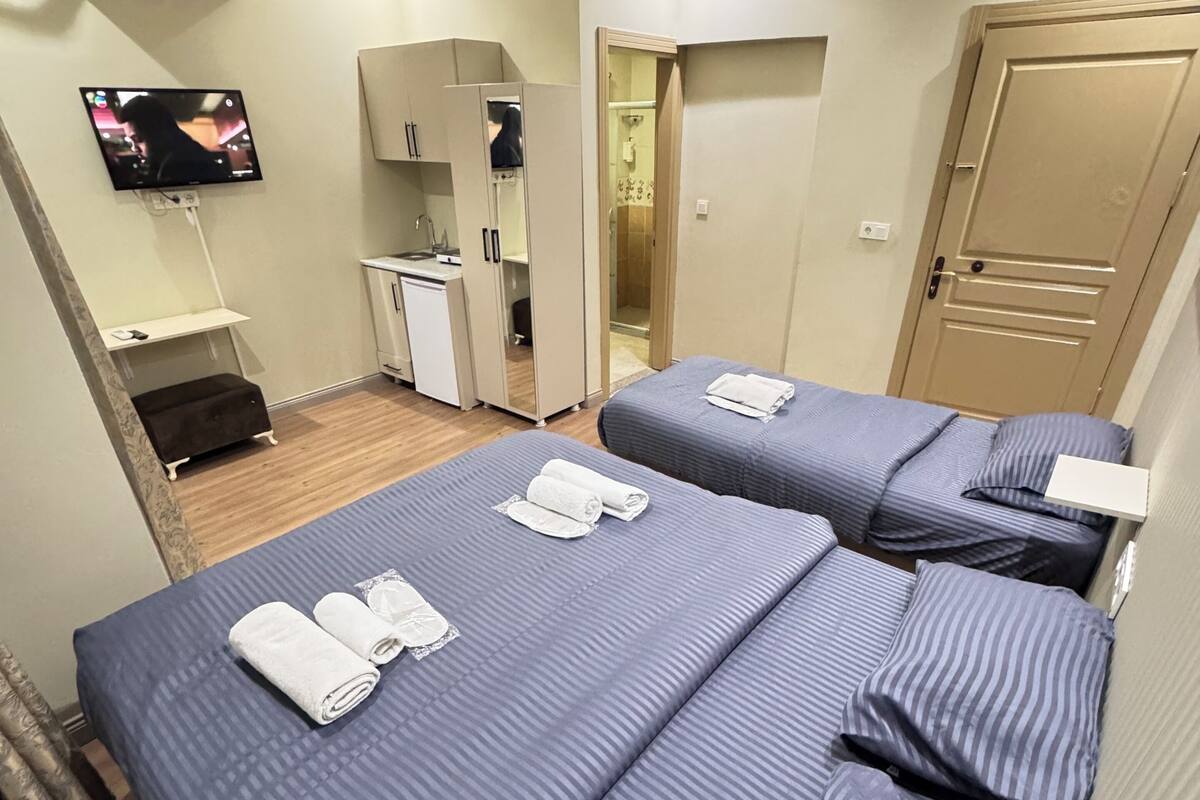 A hotel room with two beds, a TV, a desk, a mirror, a wardrobe, and a shower.