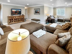 Smart TV, fireplace, video games, DVD player