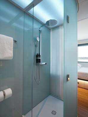 Shower, hydromassage showerhead, eco-friendly toiletries, hair dryer