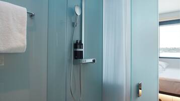 Shower, hydromassage showerhead, eco-friendly toiletries, hair dryer