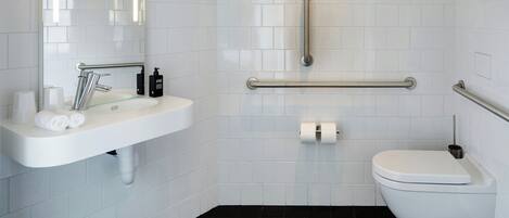 A modern bathroom with a white sink, toilet, and handrails.