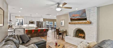 Smart TV, fireplace, video games, DVD player