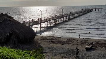 En la playa y camastros