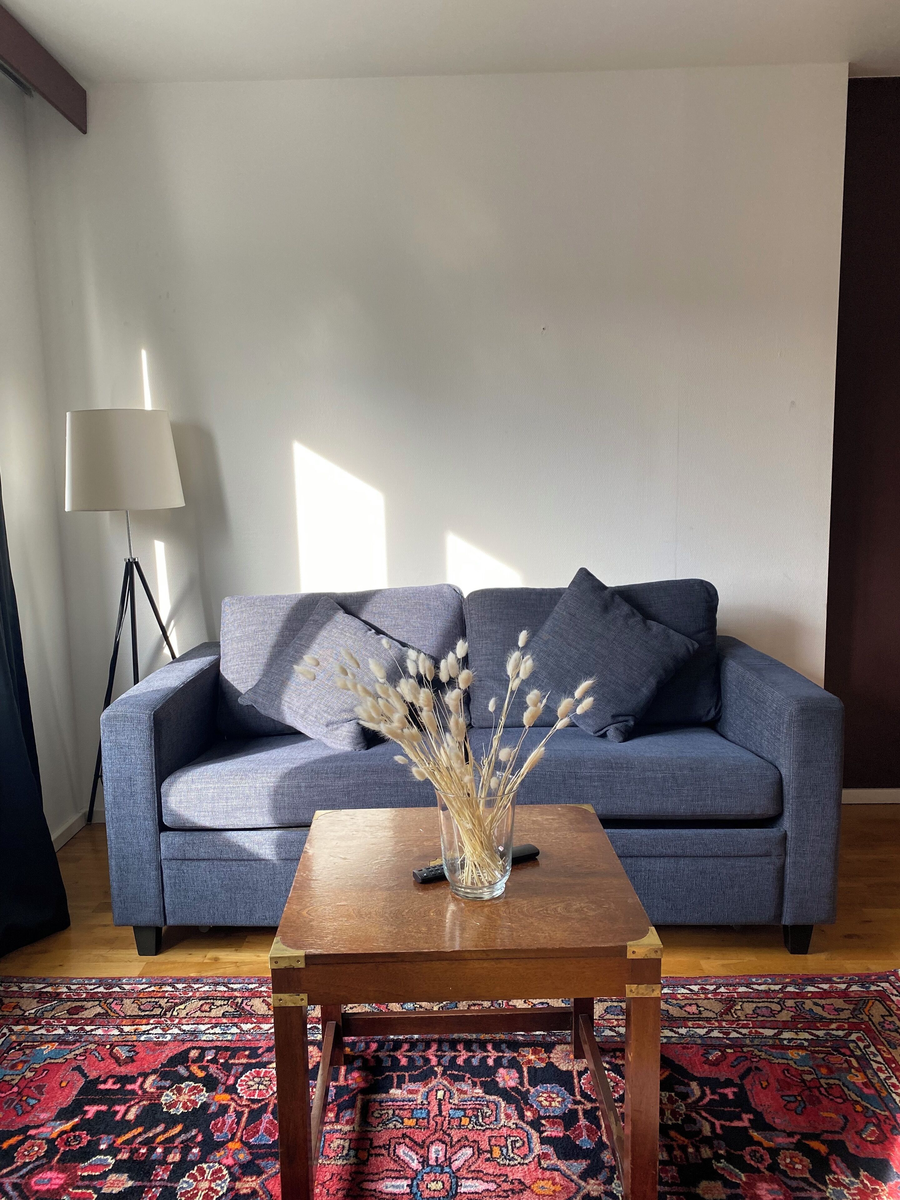 Una sala de estar con un sofá azul, un florero de vidrio con plantas secas sobre una mesa de centro de madera, una lámpara de pie y un tapete estampado.