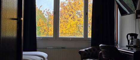 A room with a bed, a chair, a desk, and a window with autumn foliage.