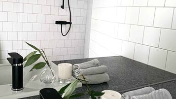 Shower, free toiletries, hair dryer, towels