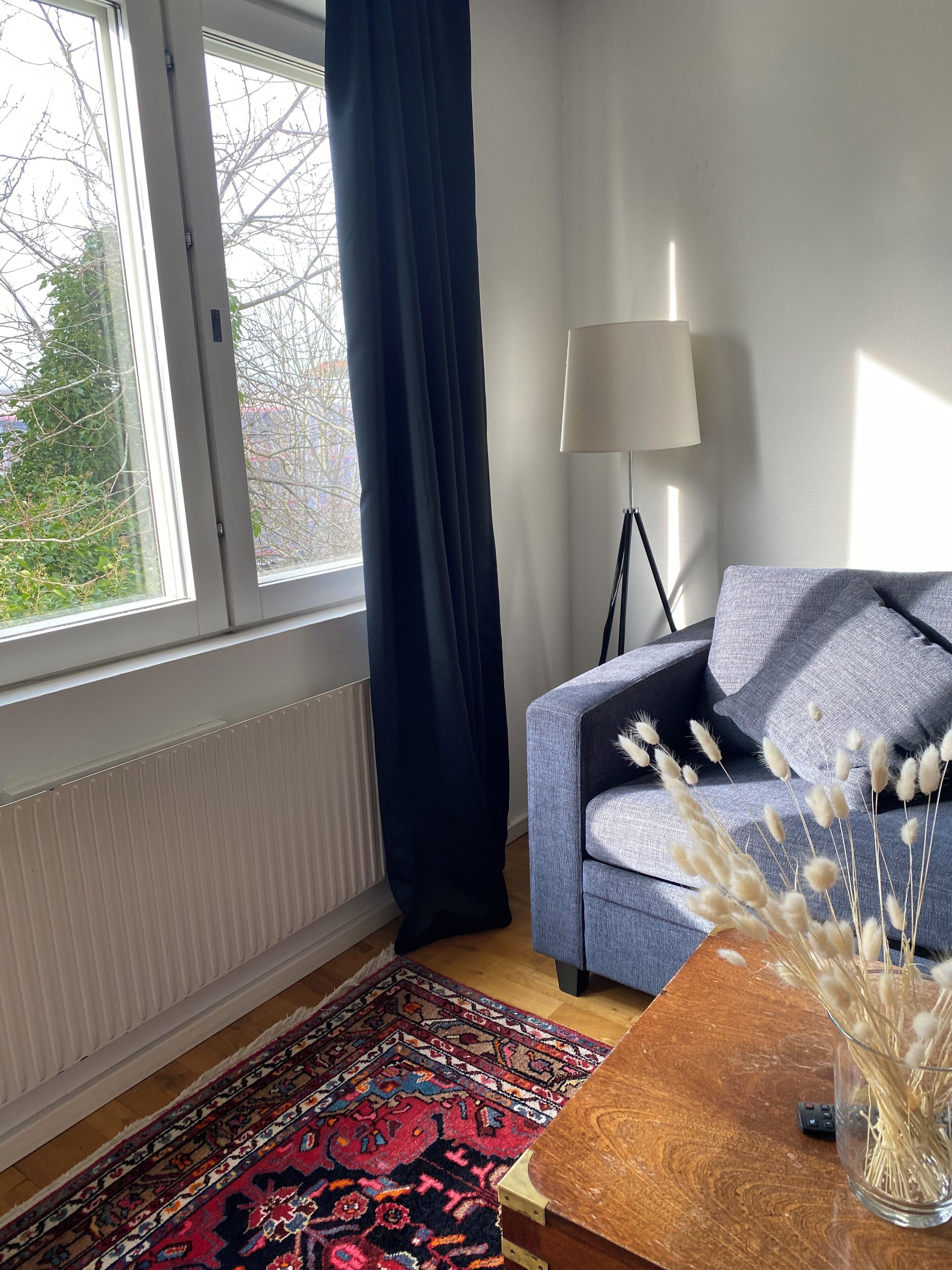 A living room with a sofa, a lamp, a vase with dried flowers, a patterned rug, and a window with curtains.