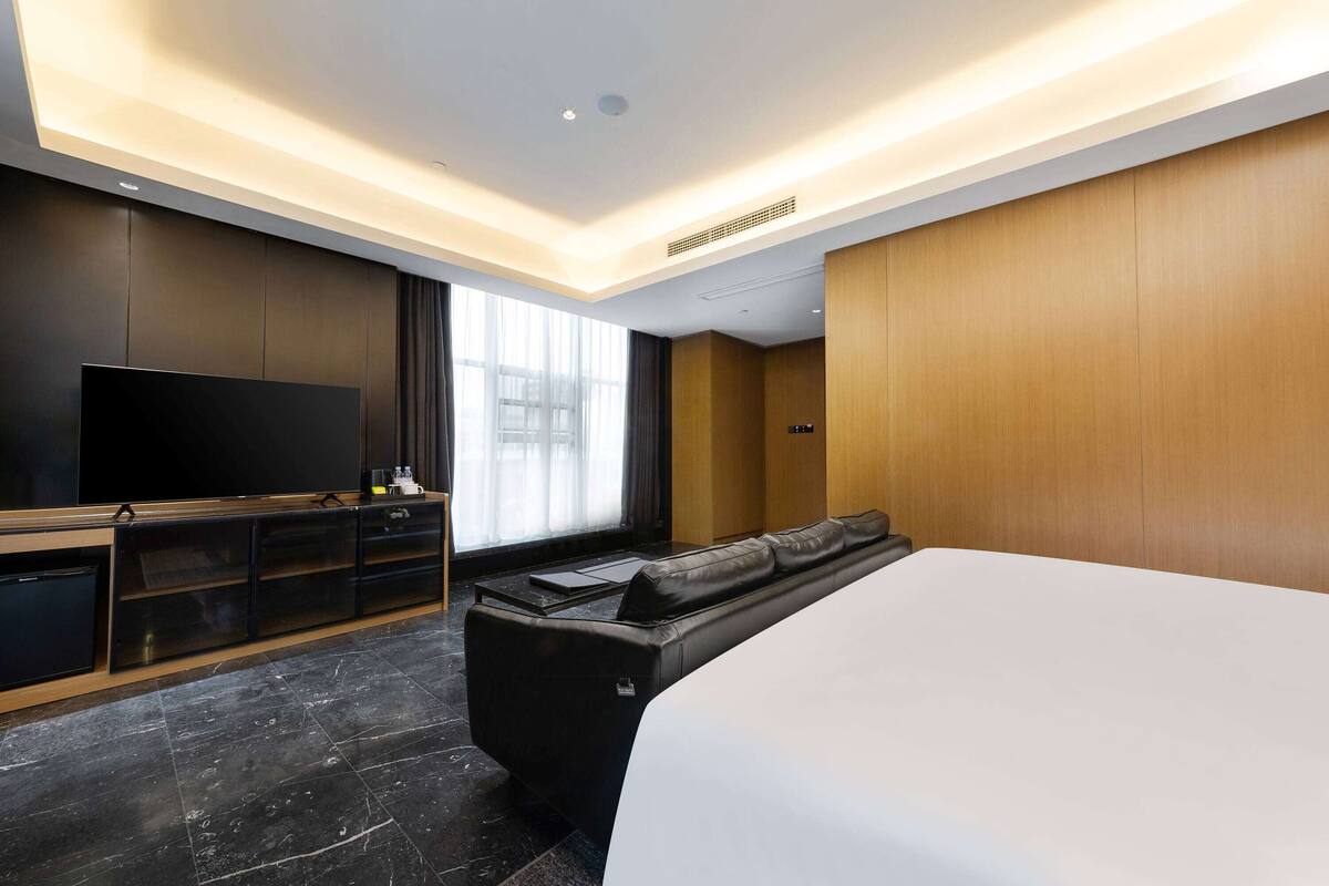 Una habitación de hotel moderna con una cama grande, un televisor de pantalla plana, un sofá y una pared de paneles de madera.