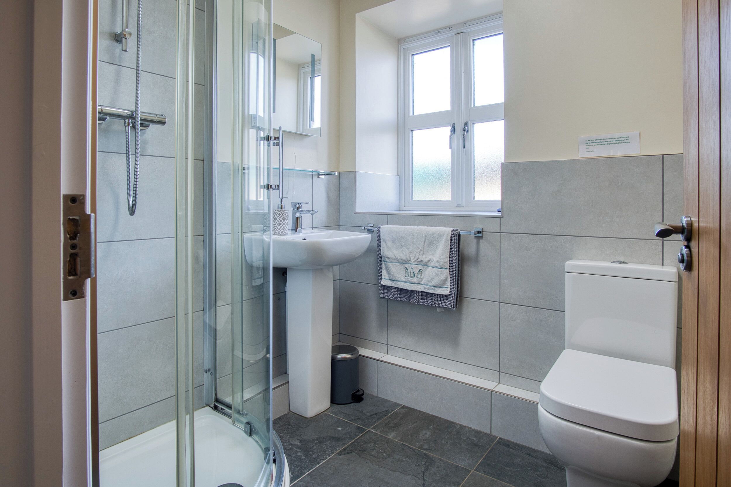 A modern bathroom with a glass shower enclosure, a pedestal sink, and a toilet.
