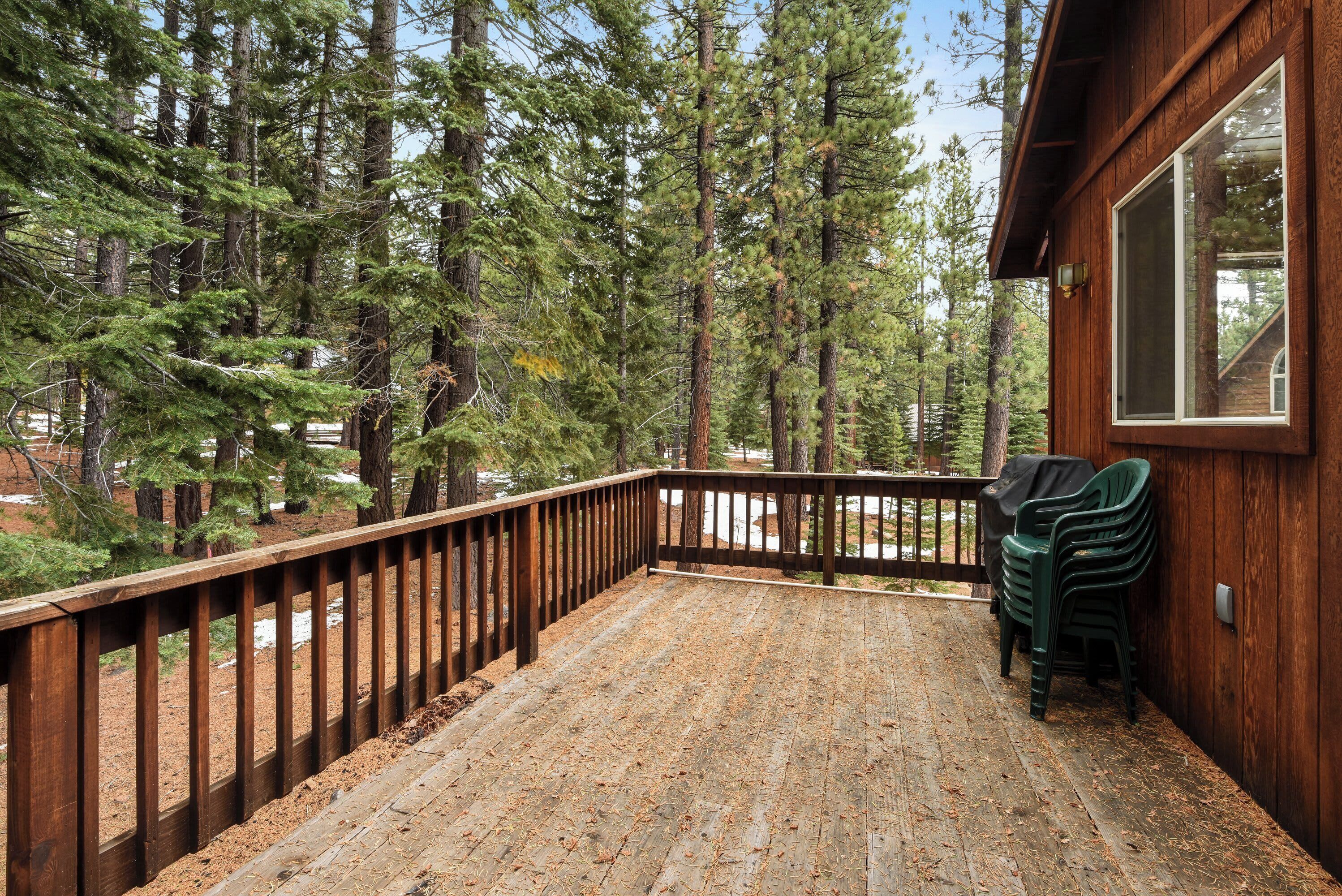 A wooden deck with a railing, surrounded by tall pine trees.