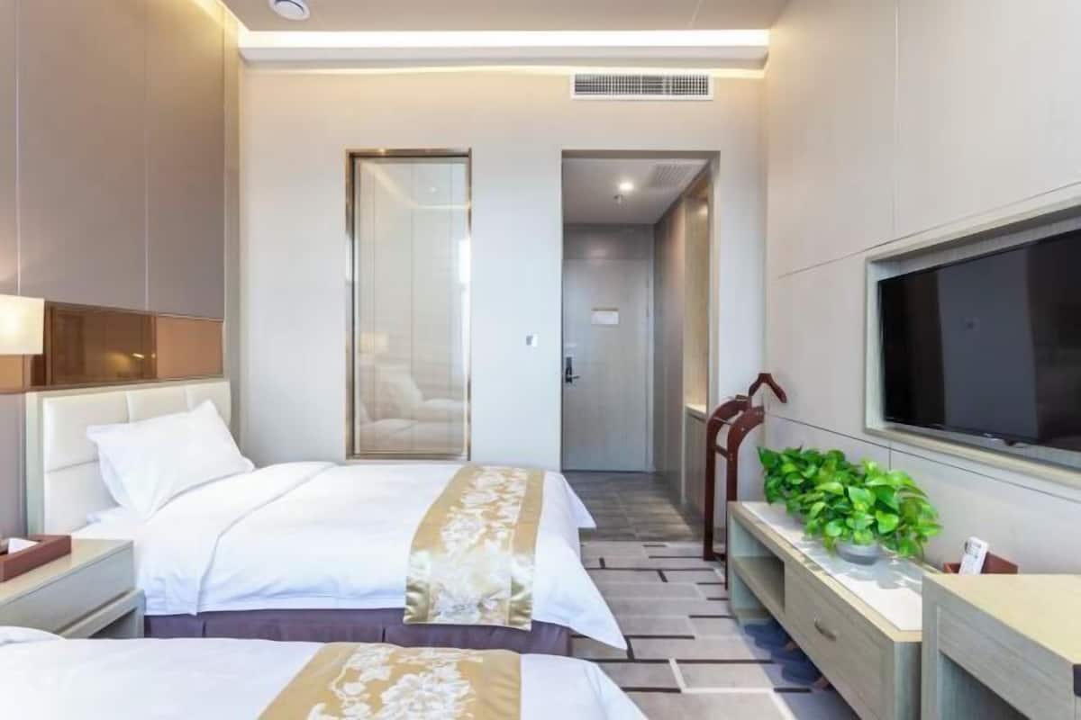 A hotel room with two beds, a TV, a desk with a plant, and a mirror.