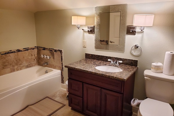 Combined shower/bathtub, hair dryer, towels, soap