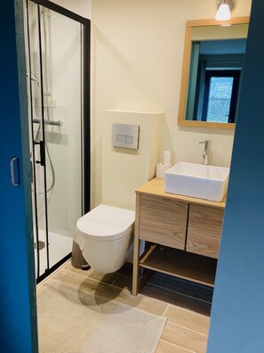 Shower, hair dryer, soap, toilet paper