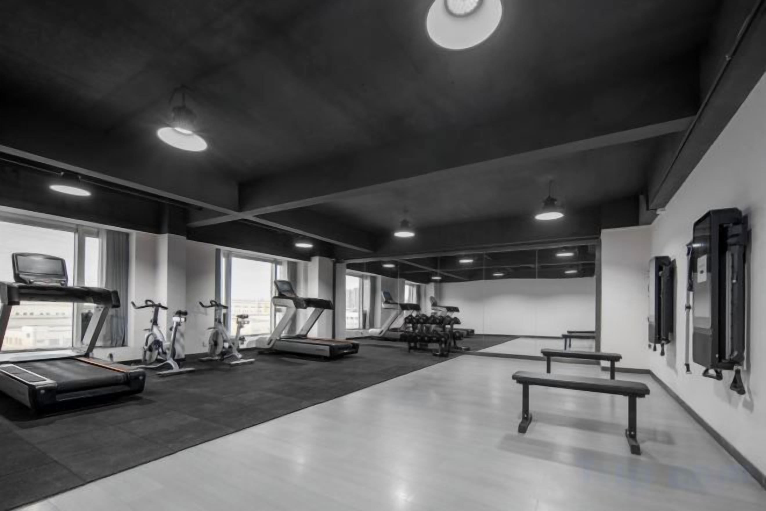 A gym with treadmills, stationary bikes, and weight machines.