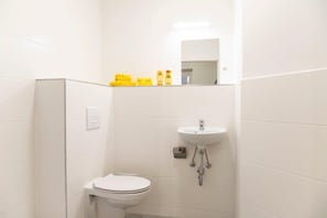 Een kleine, witte badkamer met toilet, wastafel en spiegel.
