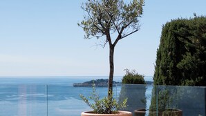 Area piscina con vista mare, un albero in vaso e ringhiera in vetro.