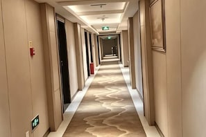 A hotel hallway with a patterned carpet, doors on both sides, and a ceiling light fixture.