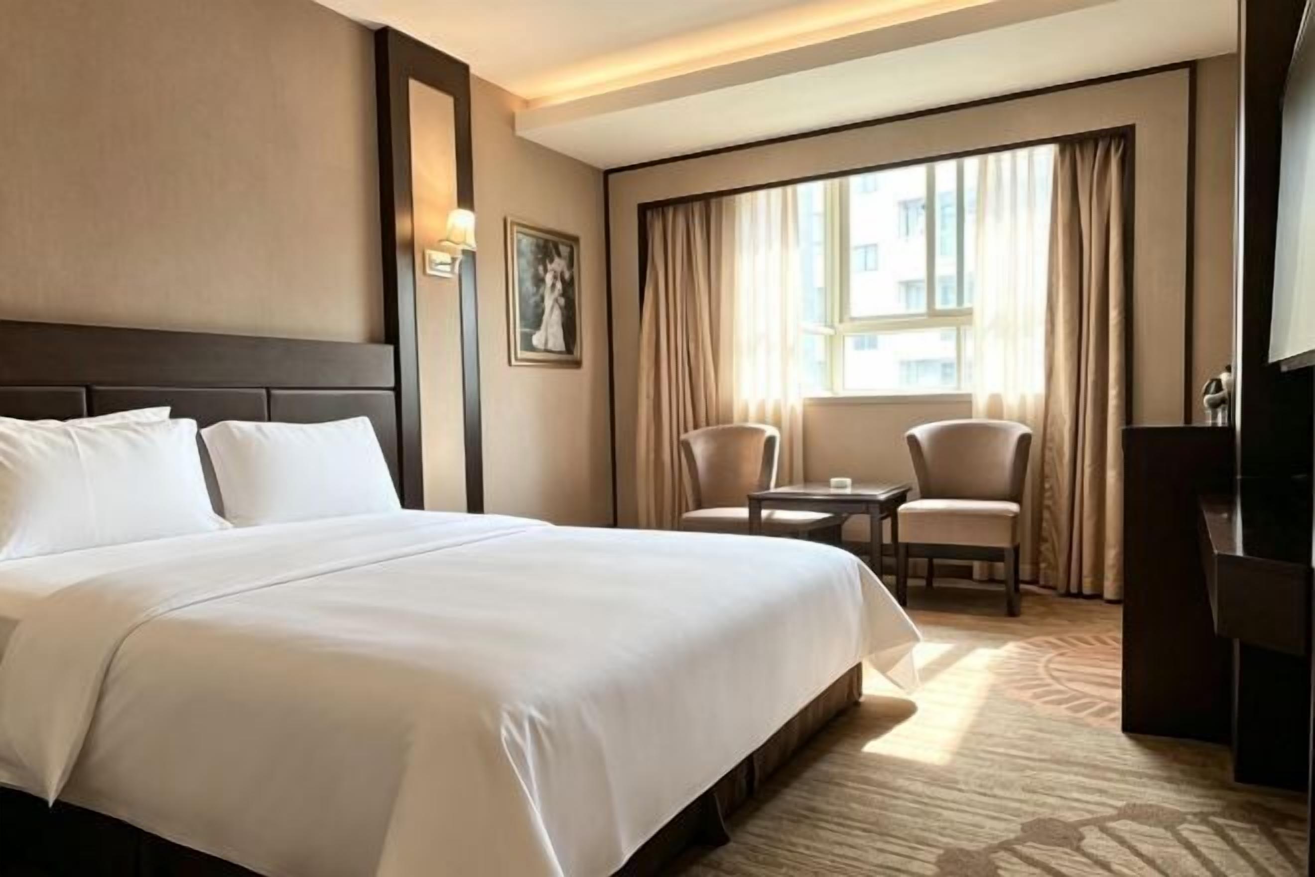 Quarto de hotel com uma cama grande, duas cadeiras, uma mesa pequena e uma televisão.