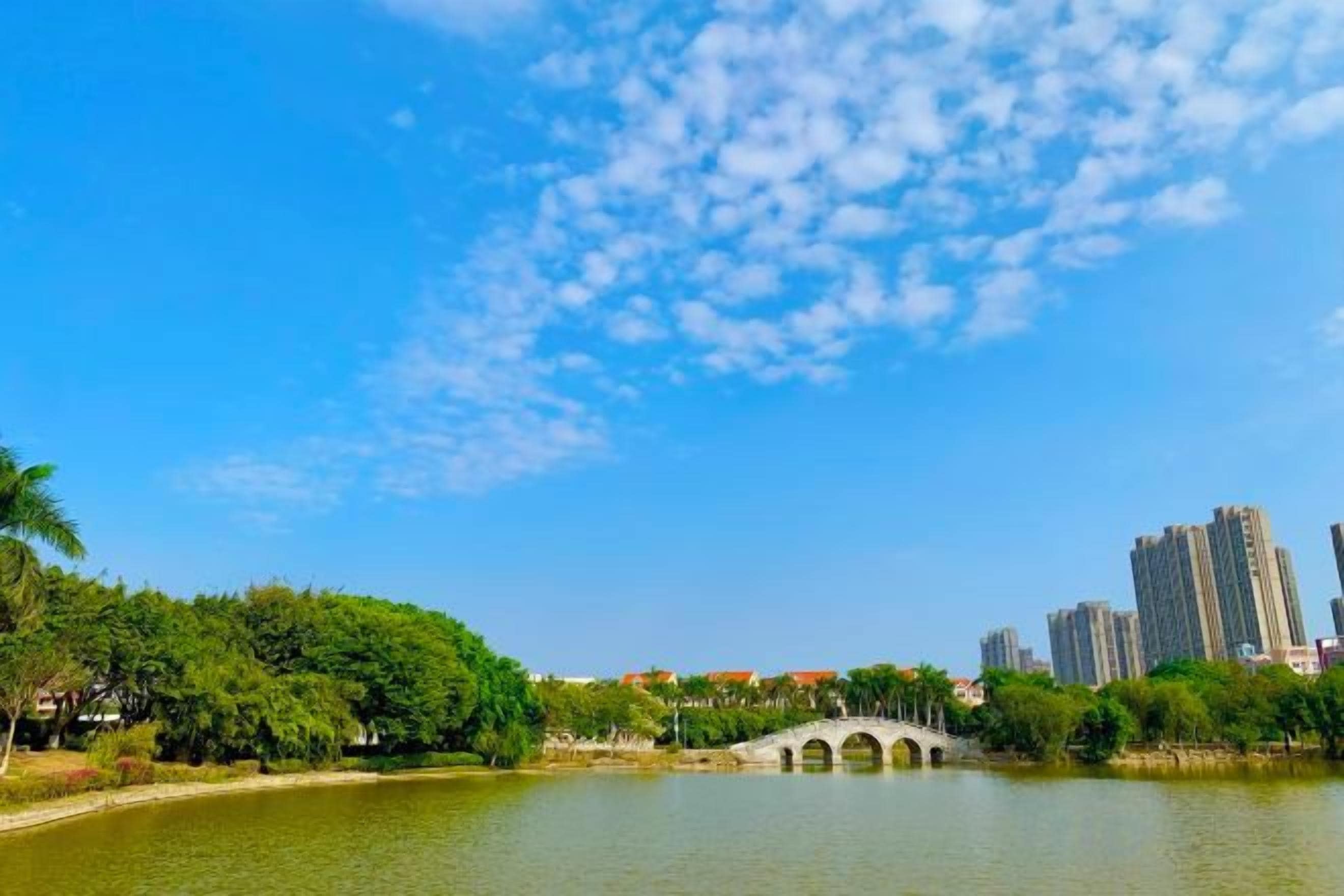 A river with a bridge, greenery, and buildings in the background.