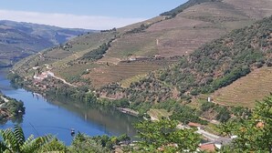 A river winding through terraced vineyards with a small village on the banks. - Typical house in the heart of the Douro (Casal de Loivos)