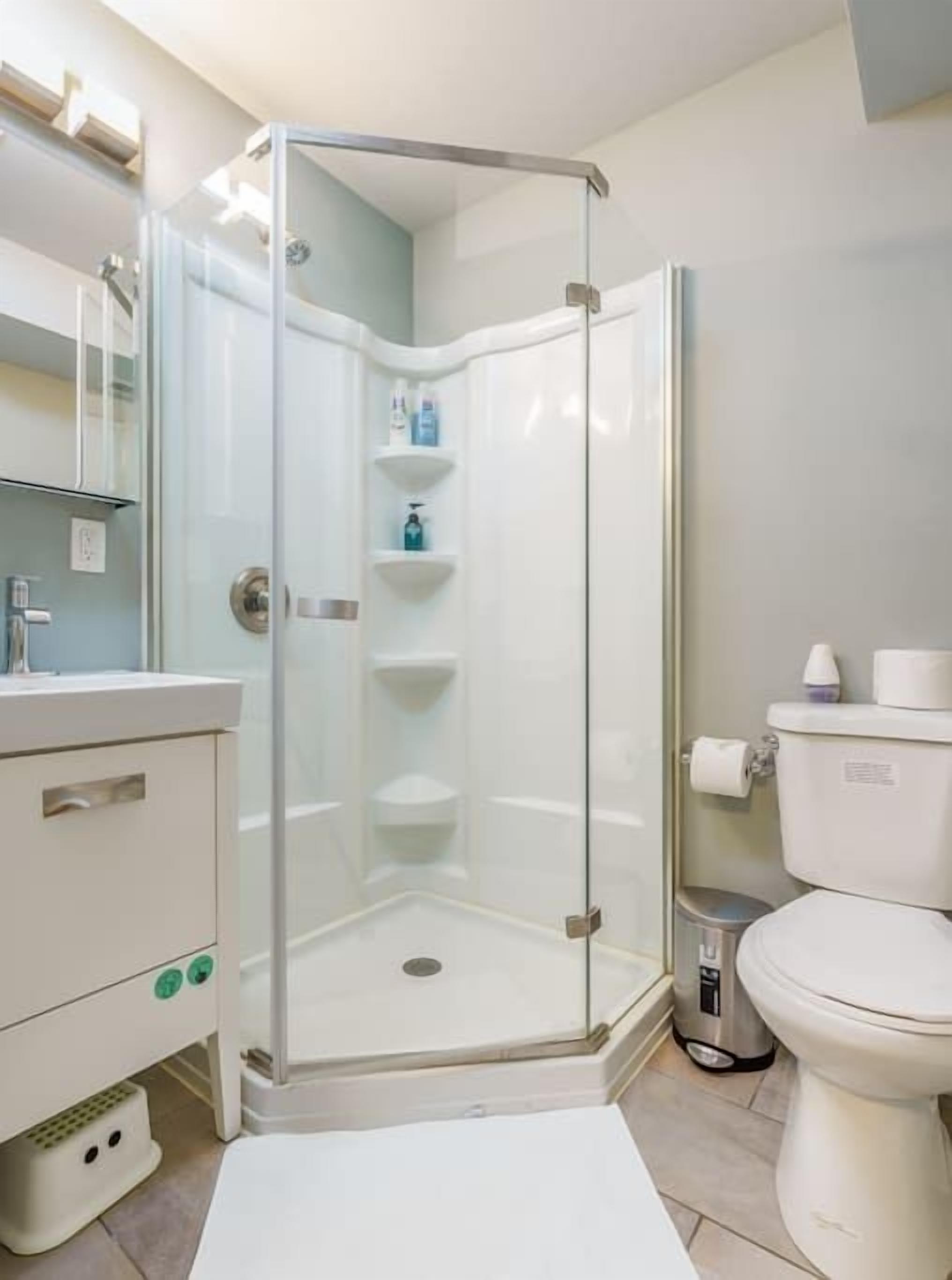 A modern bathroom with a glass shower enclosure, a white toilet, and a sink with a mirror above it.