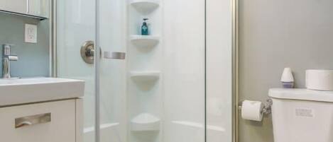 A modern bathroom with a glass shower enclosure, a white toilet, and a sink with a mirror above it.