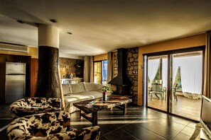Un salón espacioso con chimenea de piedra, un sofá y un comedor con mesa y sillas.