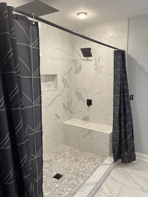 Shower, towels, toilet paper