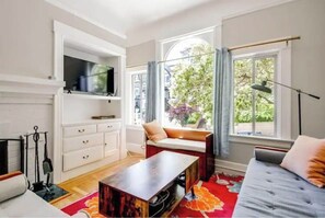 Smart TV, fireplace, books